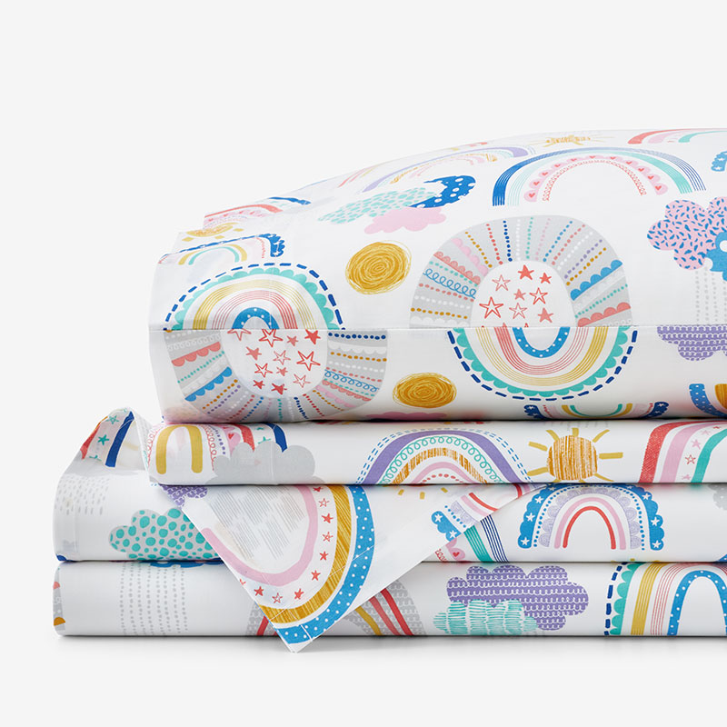 Magical Rainbows Classic Cool Organic Cotton Percale Bed Sheet Set - White Multi, Twin,White Multi