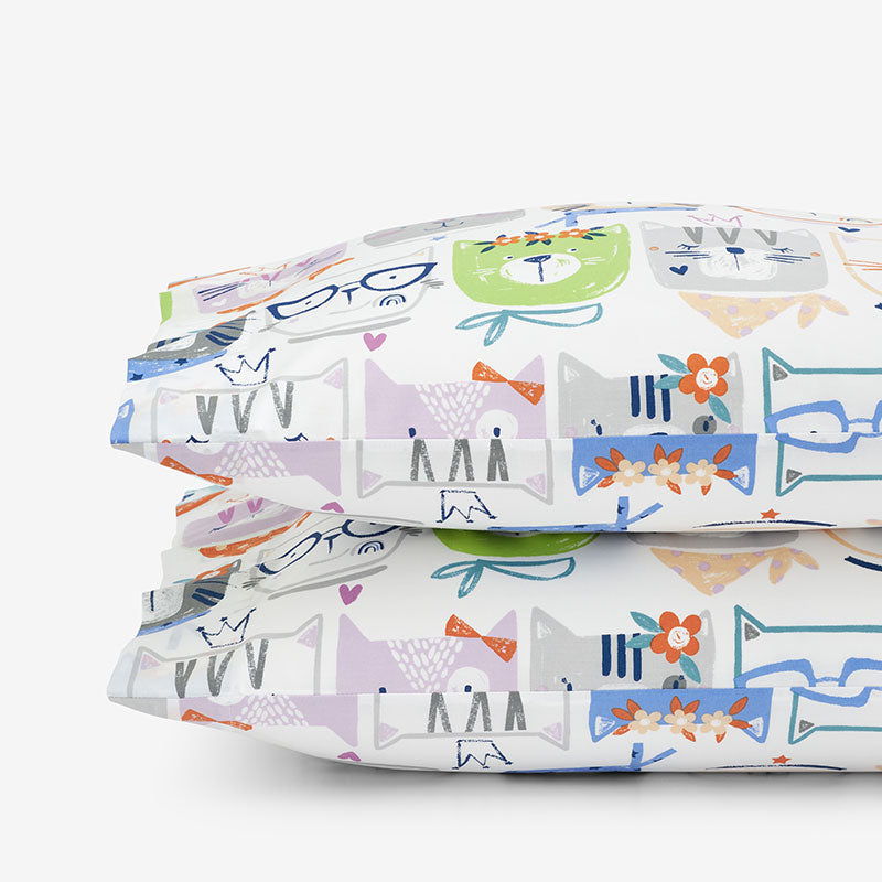 Stylish Cats Classic Cool Organic Cotton Percale Pillowcase Set - White Multi, Standard,White Multi