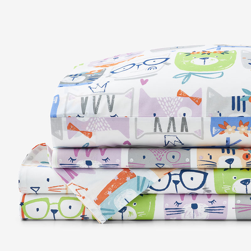 Stylish Cats Classic Cool Organic Cotton Percale Bed Sheet Set - White Multi, Twin,White Multi