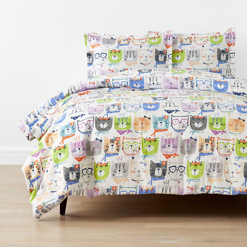 Stylish Cats Classic Cool Organic Cotton Percale Duvet Cover Set - White Multi, Twin/Twin XL,White Multi