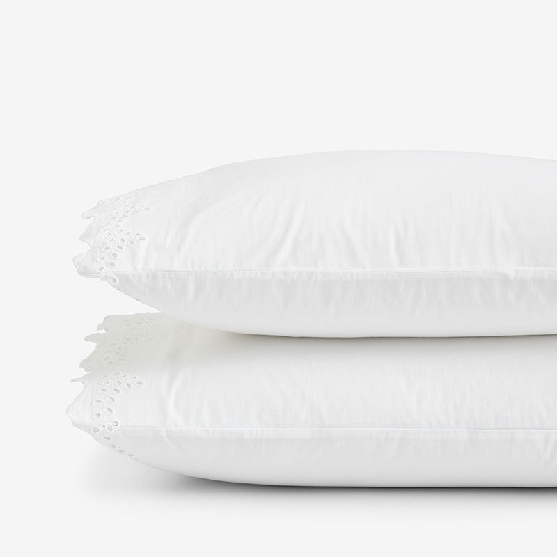 Eyelet Classic Cool Cotton Percale Solid Pillowcase Set - White, Standard,White