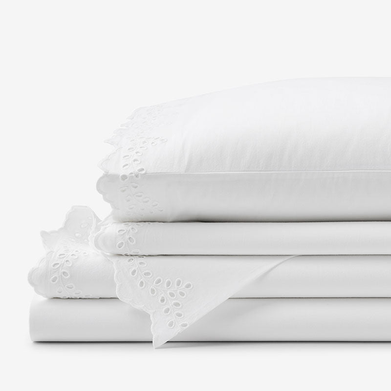 Eyelet Classic Cool Cotton Percale Solid Bed Sheet Set - White, Twin XL,White