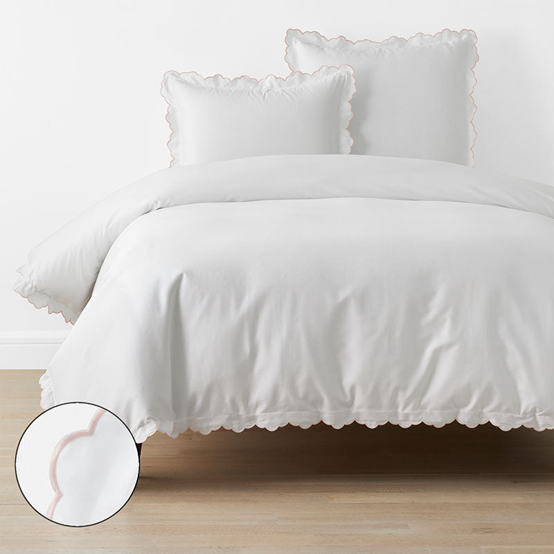 Embroidered Scallop Classic Smooth Sateen Solid Duvet Cover - Blush, Full/Queen,Blush