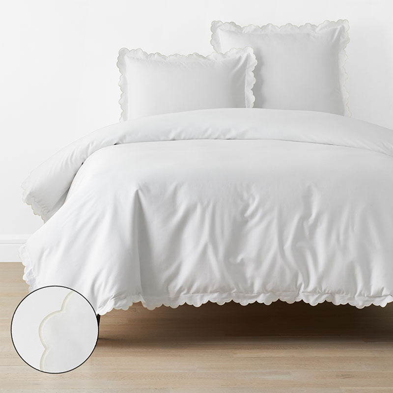 Embroidered Scallop Classic Smooth Sateen Solid Duvet Cover - Ivory, Twin/Twin XL,Ivory