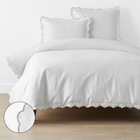 Embroidered Scallop Classic Smooth Sateen Solid Duvet Cover - Light Sage, Twin/Twin XL,Light Sage
