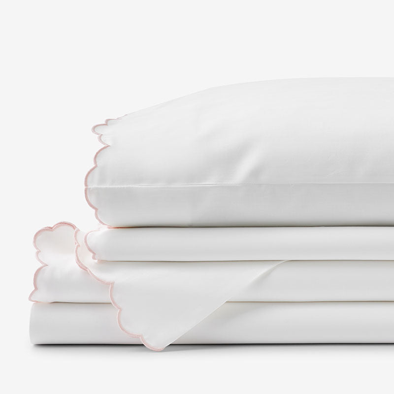 Embroidered Scallop Classic Smooth Sateen Solid Bed Sheet Set - Blush, Twin,Blush