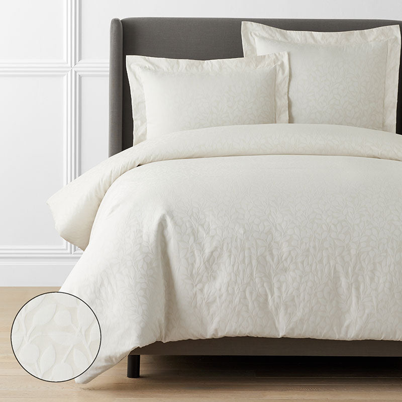 Jacquard Leaf Yarn-Dyed Premium Smooth Supima® Cotton Wrinkle-Free Sateen Duvet Cover - Ivory, Twin/Twin XL,Ivory