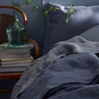 Premium Breathable Washed Linen Solid Fitted Bed Sheet - Denim Blue, Twin,Denim Blue