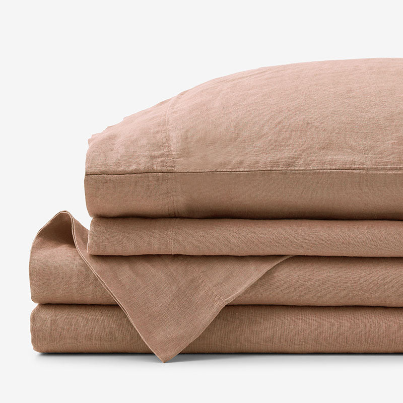 Premium Breathable Washed Linen Solid Bed Sheet Set - Light Clay, Twin,Light Clay