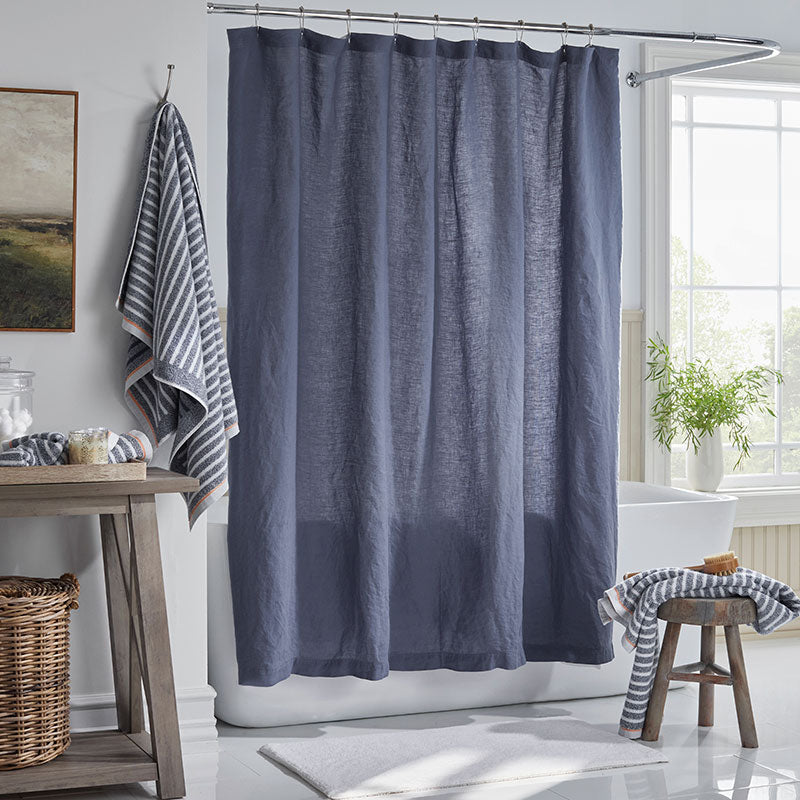 Premium Breathable Washed Linen Solid Shower Curtain - Denim Blue,Denim Blue