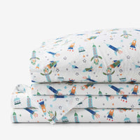 Space Adventure Classic Cool Organic Cotton Percale Bed Sheet Set - White Multi, Twin XL,White Multi