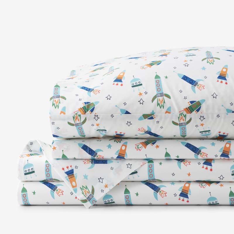 Space Adventure Classic Cool Organic Cotton Percale Bed Sheet Set - White Multi, Twin XL,White Multi