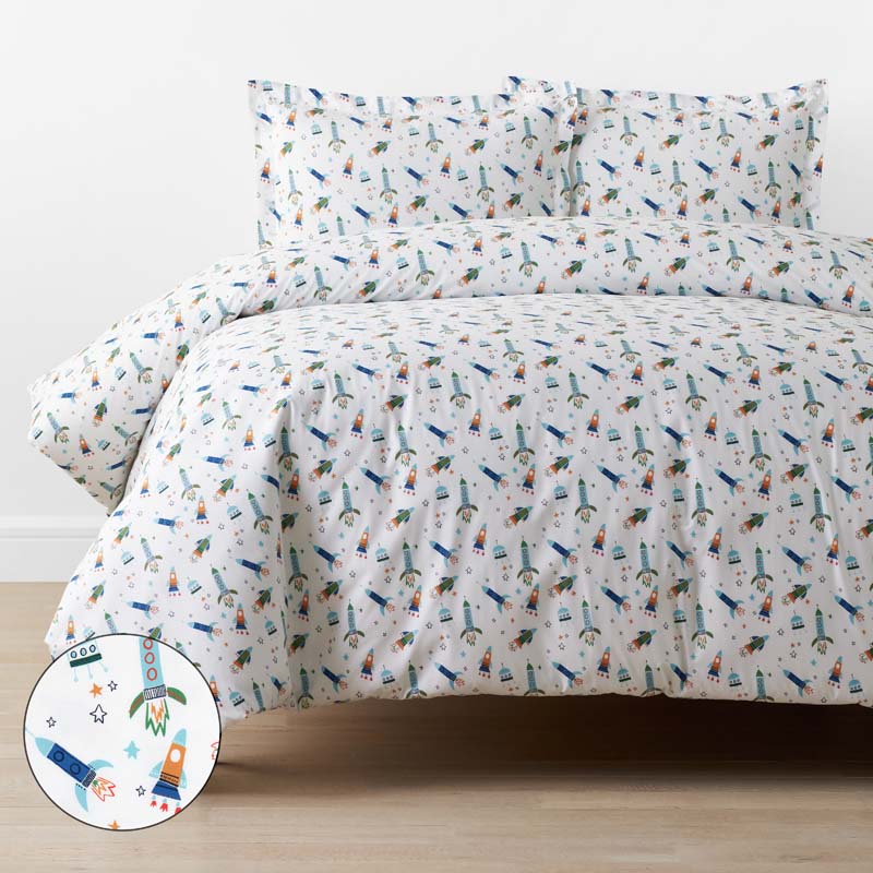 Space Adventure Classic Cool Organic Cotton Percale Duvet Cover Set - White Multi, Twin/Twin XL,White Multi