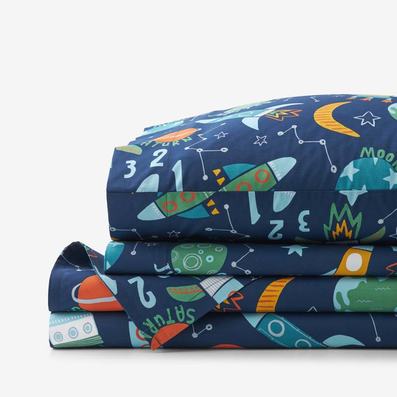 Planets and Rockets Classic Cool Organic Cotton Percale Bed Sheet Set - Navy Multi, Twin XL,Navy Multi