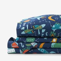 Planets and Rockets Classic Cool Organic Cotton Percale Bed Sheet Set - Navy Multi, Twin XL,Navy Multi