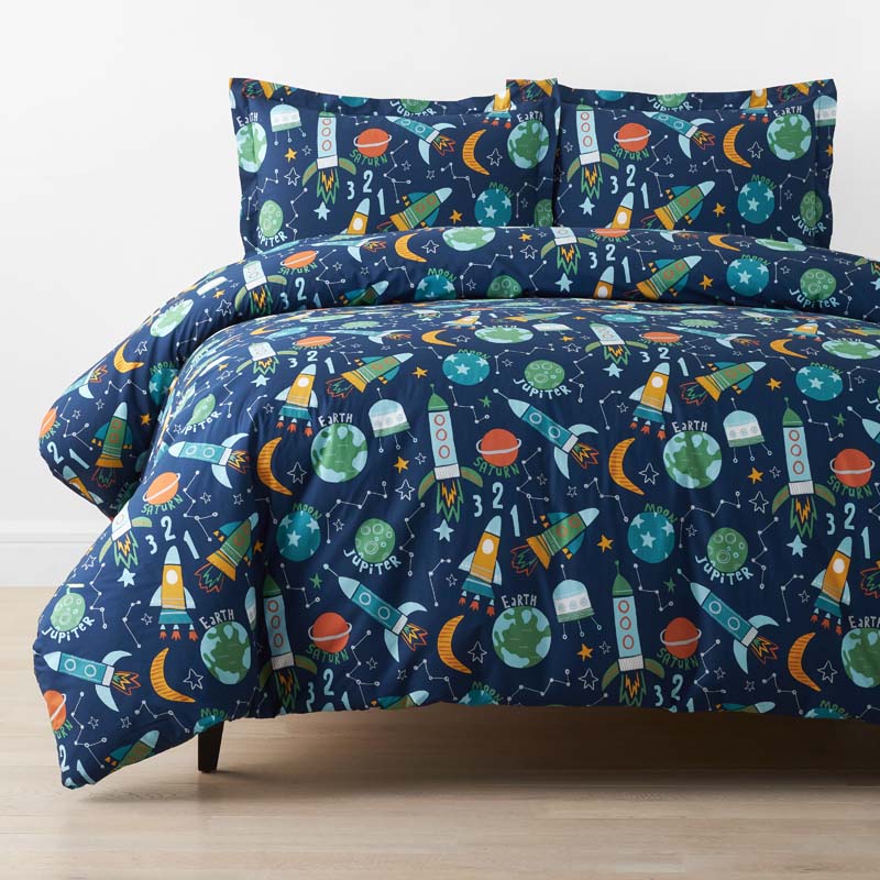 Planets and Rockets Classic Cool Organic Cotton Percale Duvet Cover Set - Navy Multi, Twin/Twin XL,Navy Multi