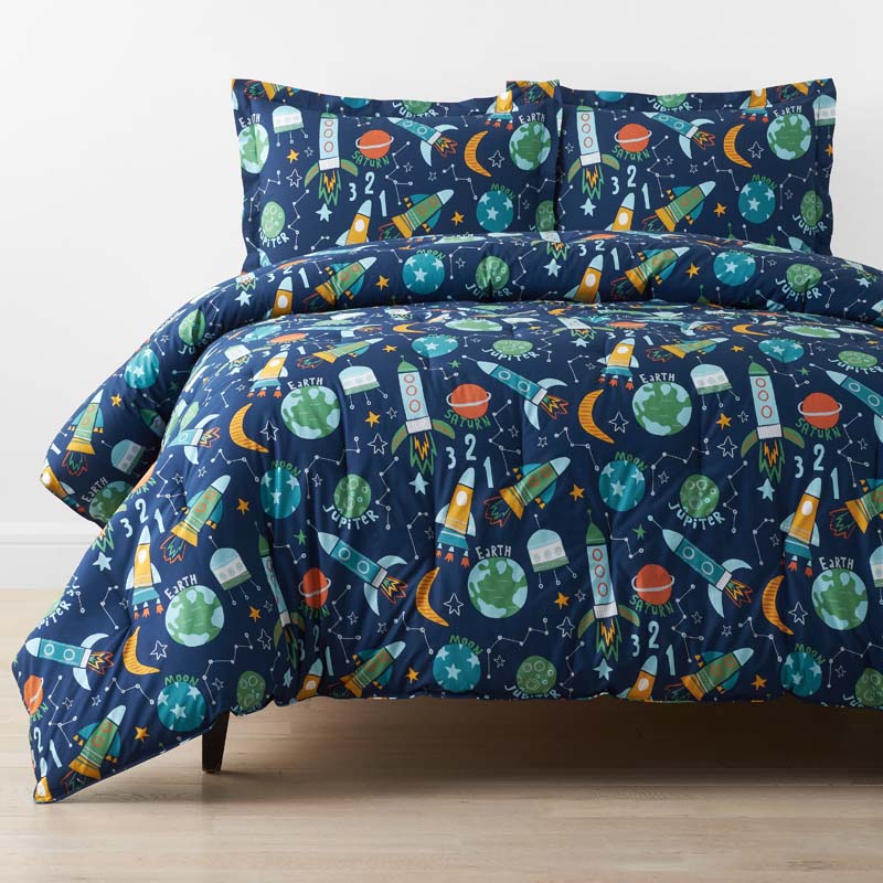 Planets and Rockets Classic Cool Organic Cotton Percale Comforter Set - Navy Multi, Twin/Twin XL,Navy Multi