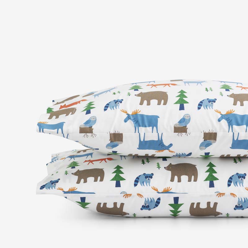 Forest Friends Classic Cool Organic Cotton Percale Pillowcase Set - White Multi, Standard,White Multi