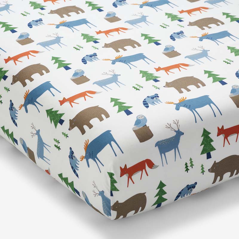 Forest Friends Classic Cool Organic Cotton Percale Fitted Crib Sheet - White Multi,White Multi
