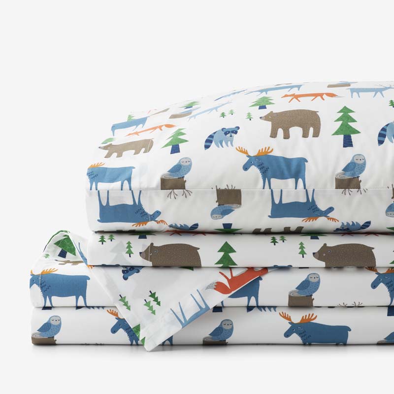 Forest Friends Classic Cool Organic Cotton Percale Bed Sheet Set - White Multi, Twin XL,White Multi