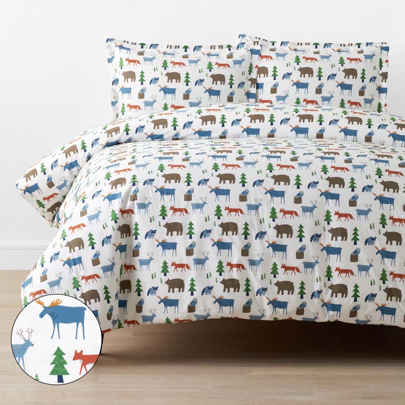 Forest Friends Classic Cool Organic Cotton Percale Duvet Cover Set - White Multi, Twin/Twin XL,White Multi