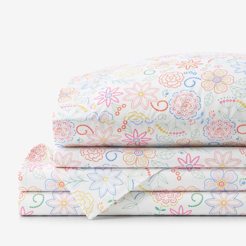 Floral Dream Classic Cool Organic Cotton Percale Bed Sheet Set - White Multi, Twin XL,White Multi