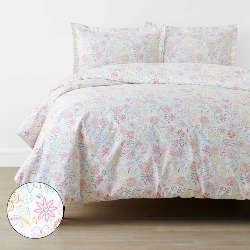 Floral Dream Classic Cool Organic Cotton Percale Duvet Cover Set - White Multi, Twin/Twin XL,White Multi