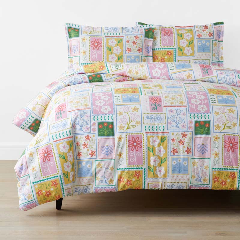 Stitch and Bloom Classic Cool Organic Cotton Percale Duvet Cover Set - White Multi, Twin/Twin XL,White Multi