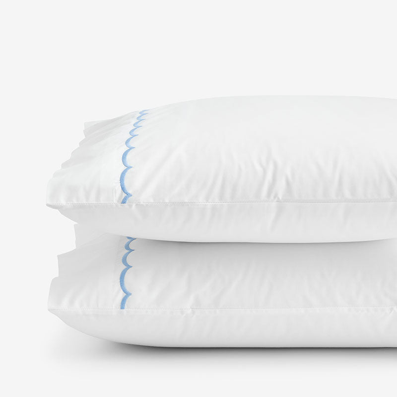 Embroidered Scallop Classic Cool Cotton Percale Pillowcase Set - Blue, Standard,Blue