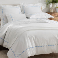Embroidered Scallop Classic Cool Cotton Percale Pillowcase Set - Blue, Standard,Blue
