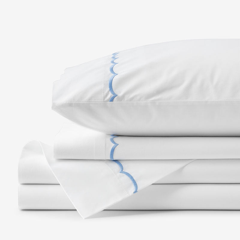 Embroidered Scallop Classic Cool Cotton Percale Bed Sheet Set - Blue, Twin,Blue