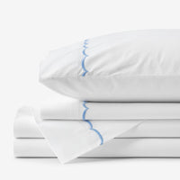 Embroidered Scallop Classic Cool Cotton Percale Bed Sheet Set - Blue, Twin,Blue