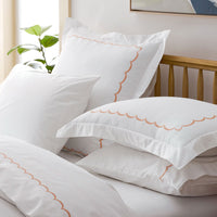 Embroidered Scallop Classic Cool Cotton Percale Bed Sheet Set - Melon, Twin,Melon