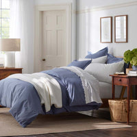 Solid Garment Washed Cotton Percale Fitted Bed Sheet - Denim Blue, Twin XL,Denim Blue