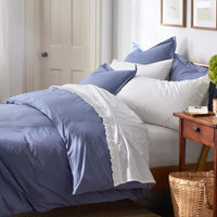 Solid Garment Washed Cotton Percale Bed Sheet Set - Denim Blue, Queen,Denim Blue