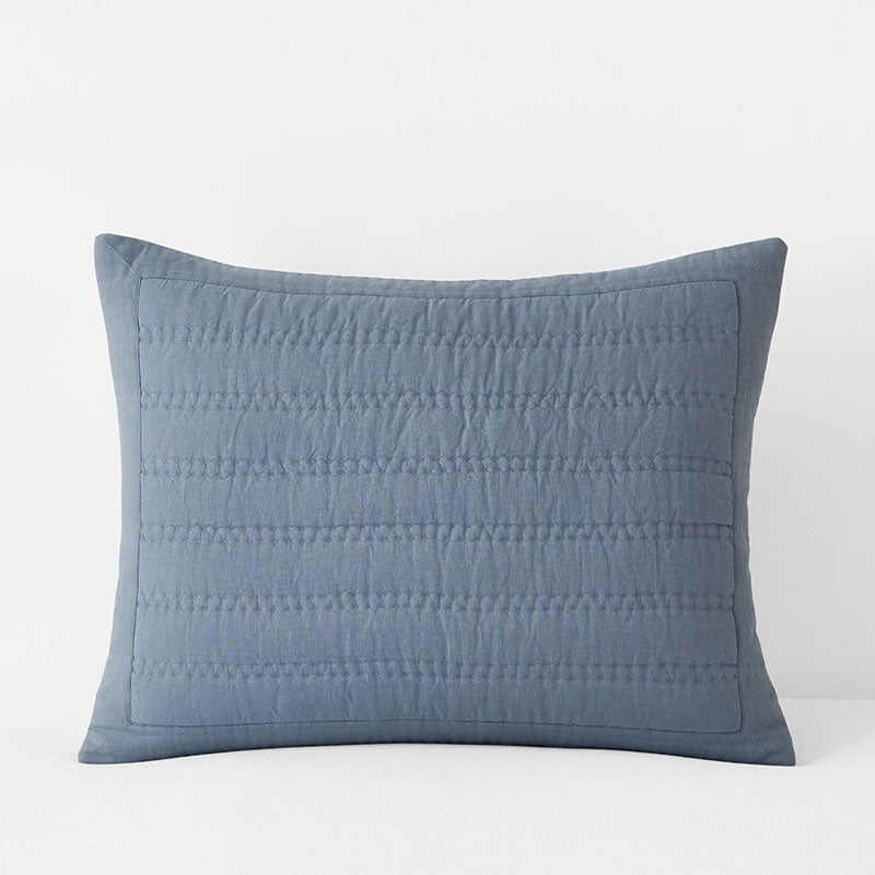 Premium Breathable Washed Linen Solid Quilted Sham - Blue Stone, Standard,Blue Stone