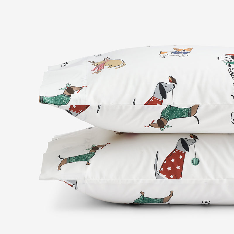 Holiday Print Classic Cool Cotton Percale Pillowcase Set - Holiday Pups, Standard,Holiday Pups