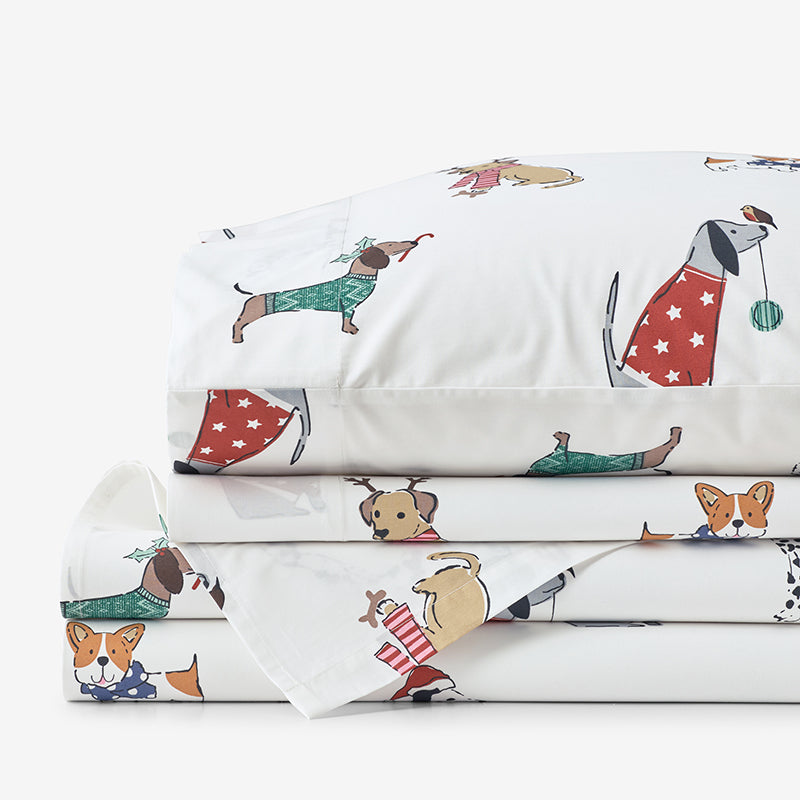 Holiday Print Classic Cool Cotton Percale Bed Sheet Set - Holiday Pups, Twin XL,Holiday Pups
