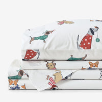 Holiday Print Classic Cool Cotton Percale Bed Sheet Set - Holiday Pups, Twin XL,Holiday Pups
