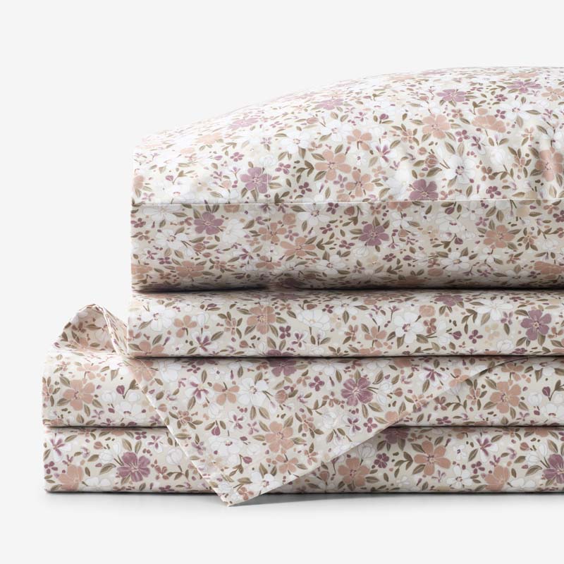 Joyful Floral Classic Smooth Sateen Bed Sheet Set - Beige, Twin,Beige