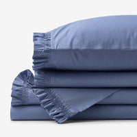 Solid Ruffle Garment Washed Cotton Percale Bed Sheet Set - Denim Blue, Twin XL,Denim Blue