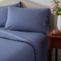 Solid Ruffle Garment Washed Cotton Percale Bed Sheet Set - Denim Blue, Twin XL,Denim Blue