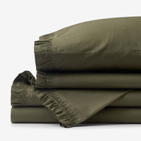 Solid Ruffle Garment Washed Cotton Percale Bed Sheet Set - Olive, Twin XL,Olive