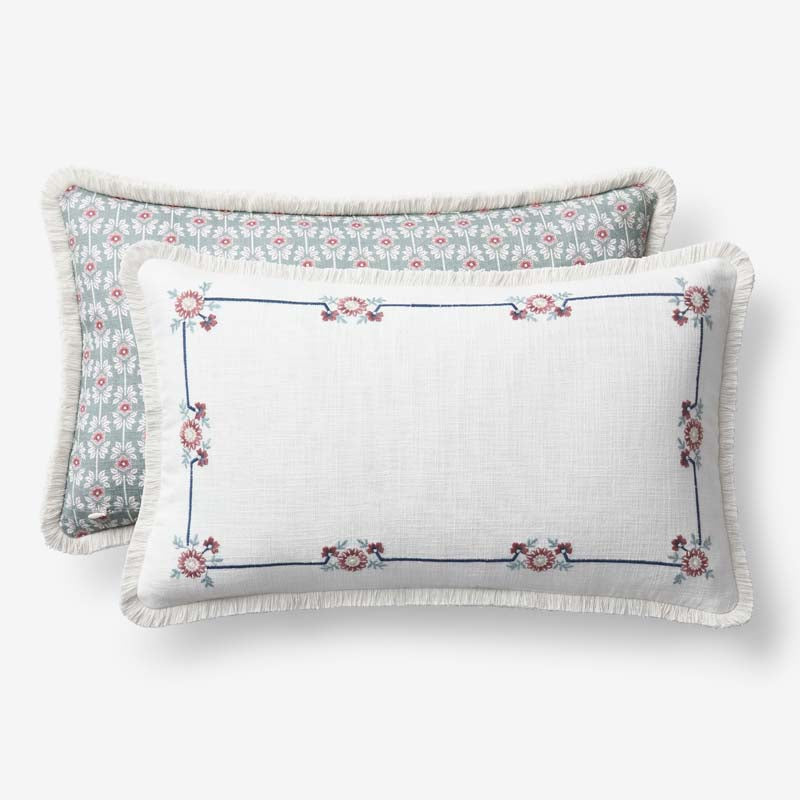 Floral Border Reversible Decorative Lumbar Pillow Cover - Ivory Multi, 12 in. x 21 in.,Ivory Multi
