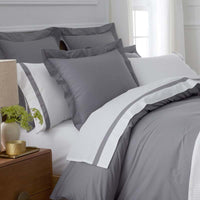 Contrast Border Premium Cool Supima® Cotton Percale Bed Sheet Set - Pewter, Twin,Pewter