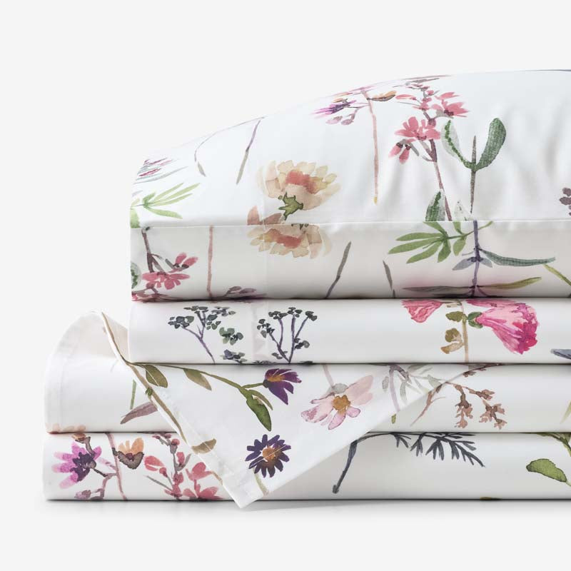 Blooming Garden Classic Smooth Sateen Bed Sheet Set - White Multi, Twin,White Multi