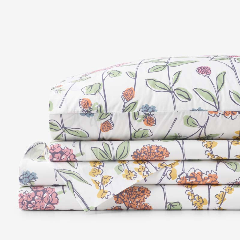Garden Mirage Classic Cool Cotton Percale Bed Sheet Set - White Multi, Queen,White Multi