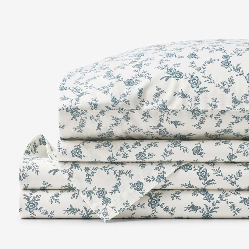 Tapestry Vine Garment Washed Cotton Percale Bed Sheet Set - Ivory Multi, King,Ivory Multi