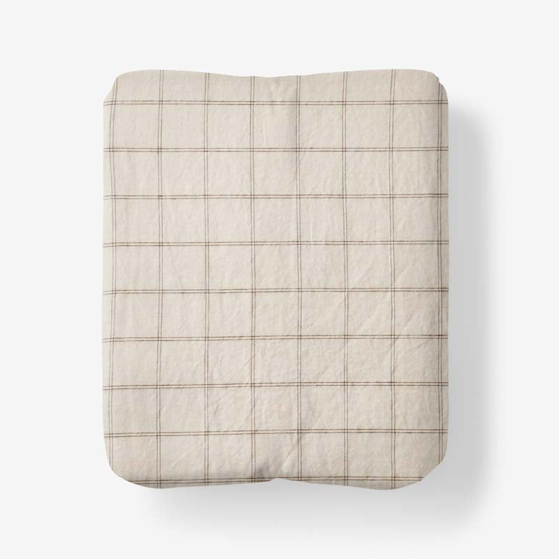 Tailored Stripes and Plaids Premium Breathable Washed Linen Cotton Fitted Bed Sheet - Windowpane Dark Brown, Twin,Windowpane Dark Brown