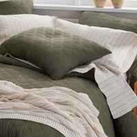 Tailored Stripes and Plaids Premium Breathable Washed Linen Cotton Fitted Bed Sheet - Stripe Dark Olive, Twin,Stripe Dark Olive